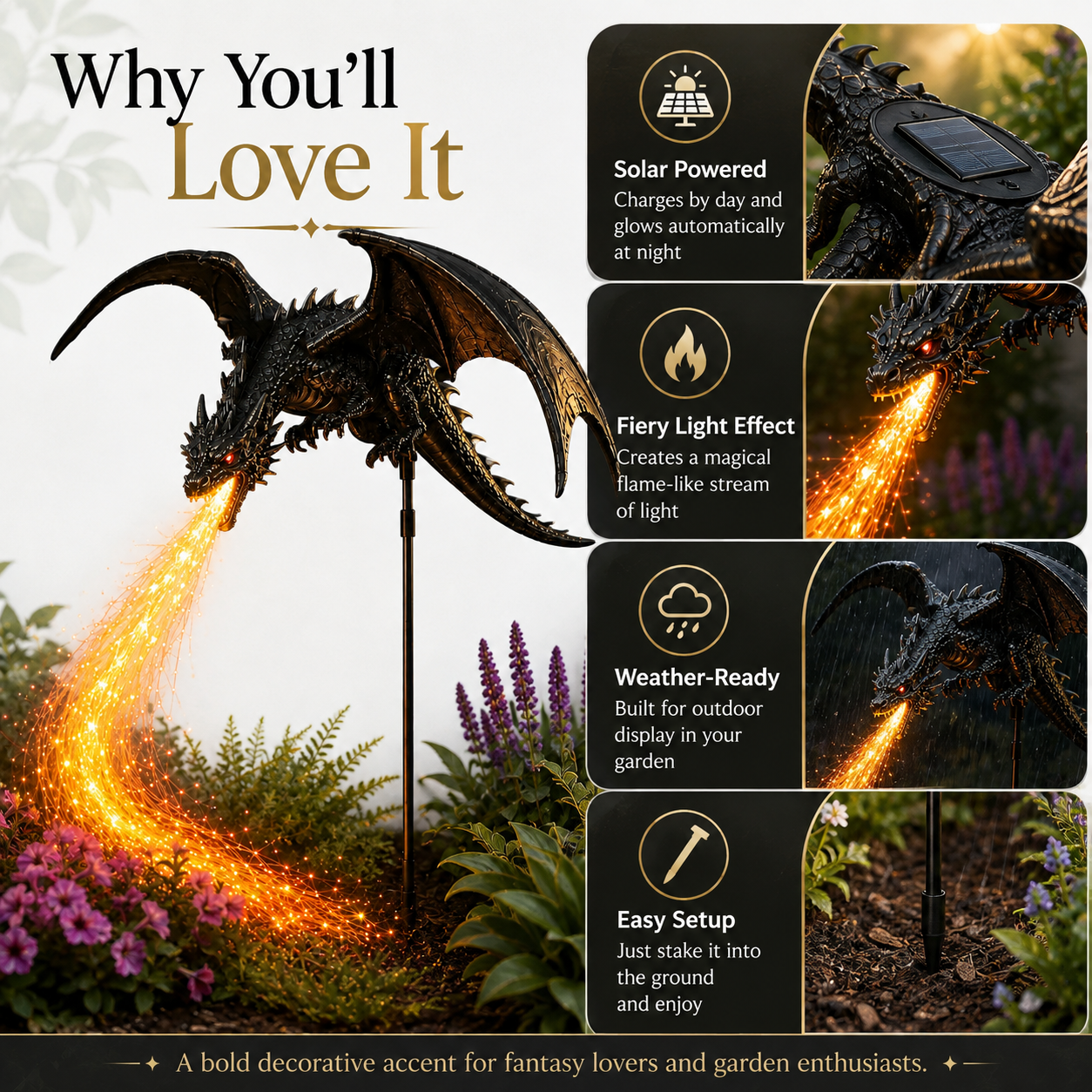🐉 Dragon Flame Solar Garden Statue – Fire-Breathing Dragon Sculpture with LED Flame Light