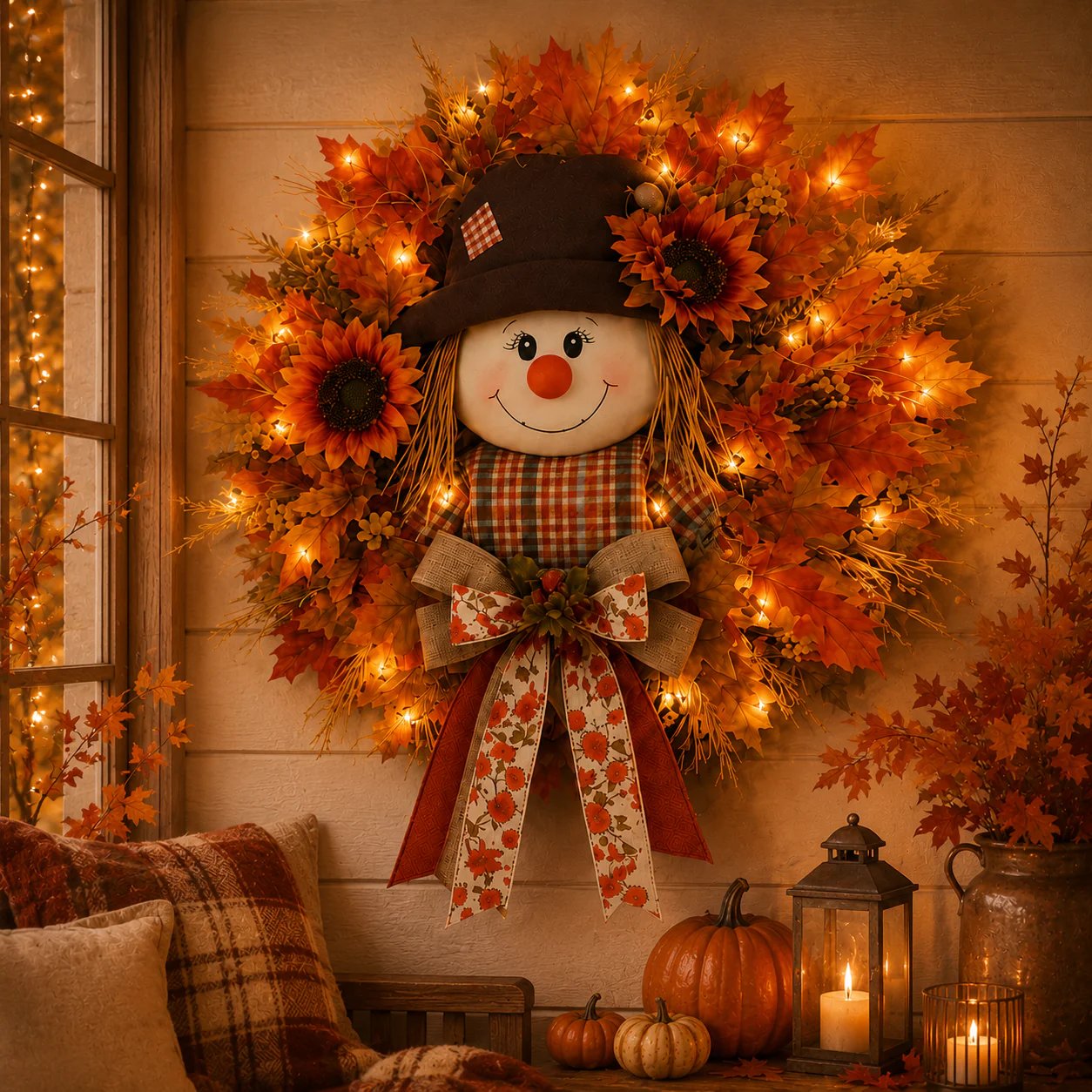 🍂Rustic Lighted Scarecrow Fall Wreath for Front Door & Autumn Decor 🌻