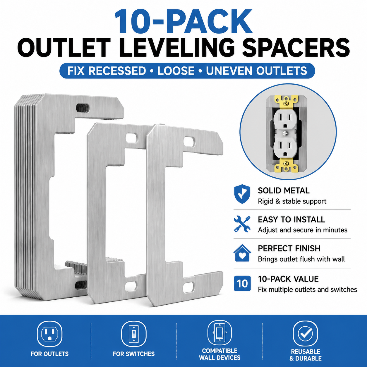 🔌 10-Piece Metal Outlet Leveling Spacers – Recessed Electrical Outlet & Switch Repair🔧