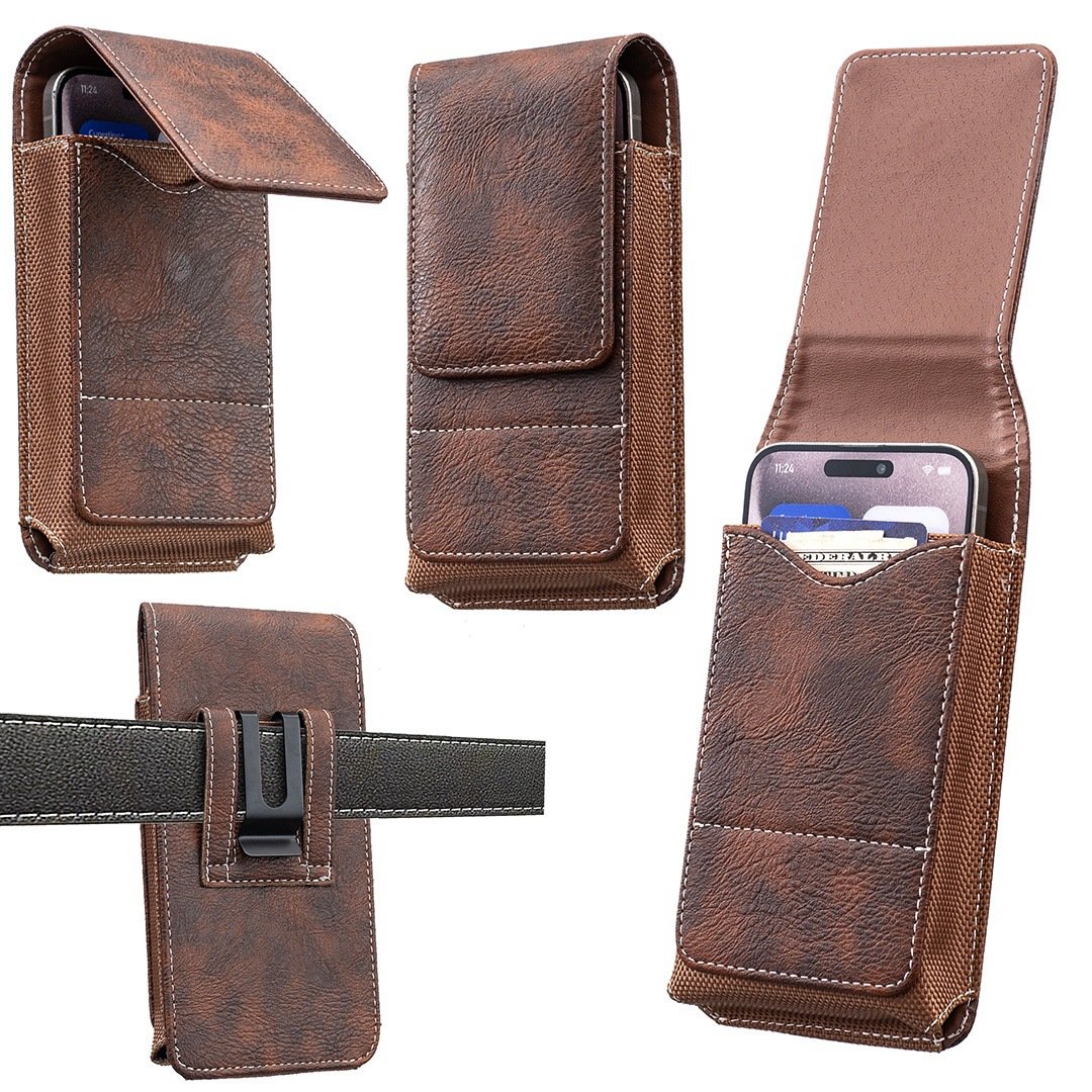 📱 Leather Waist Phone Holster – Multi-Pocket Belt Pouch with Card Holder & Easy Access Design