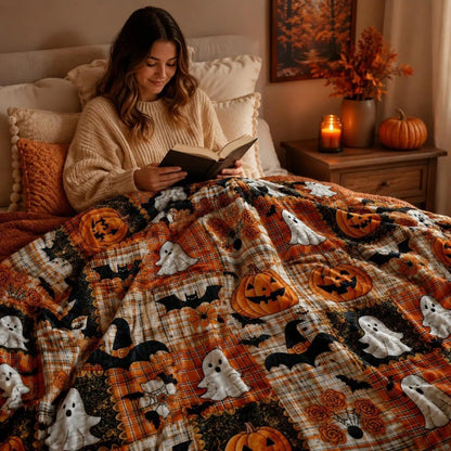🎃Halloween Patchwork Flannel Blanket – Cozy Fall Throw Blanket For Spooky Season Home Decor 🎃