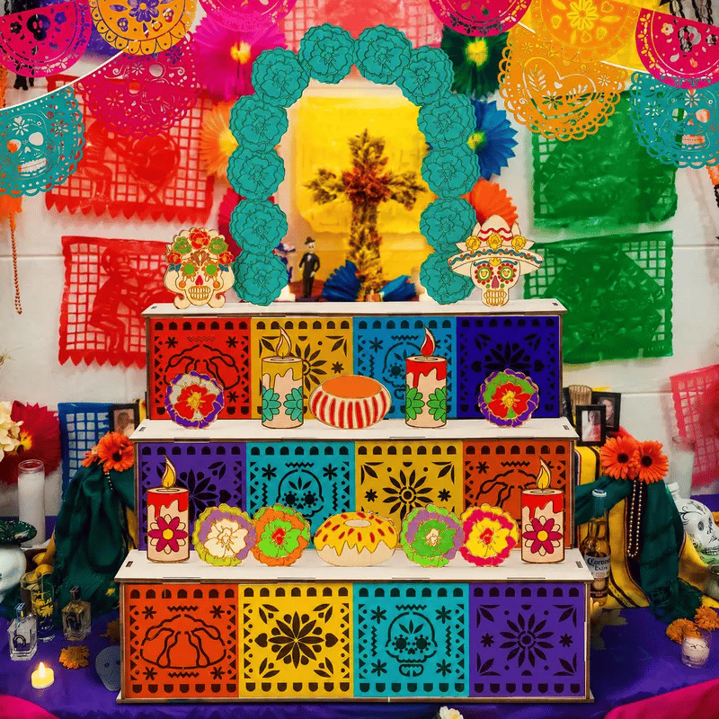 🎃🏵️Day of the Dead 3-Tier Wooden Altar Display Set