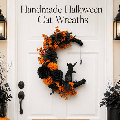 🔥Last Day 49% OFF🌙Halloween Gothic Black Cat Moon Floral Handmade Wreath(📦Buy 2 Free Shipping)