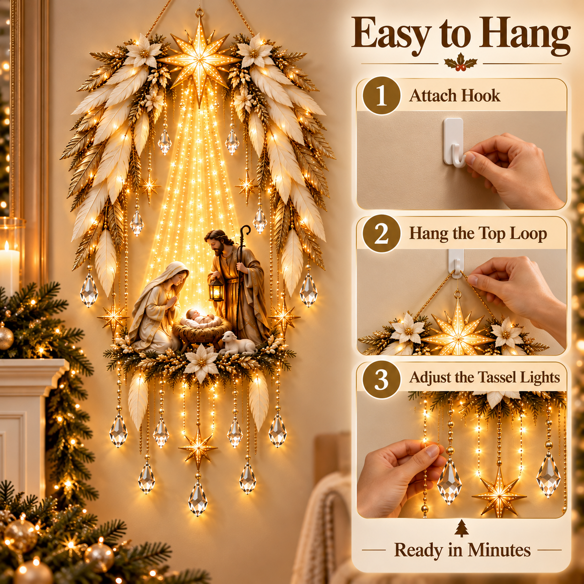 ✨ Unter seinen Flügeln geborgen | Beleuchteter Weihnachts-Wandschmuck mit Krippenszene 👼⭐