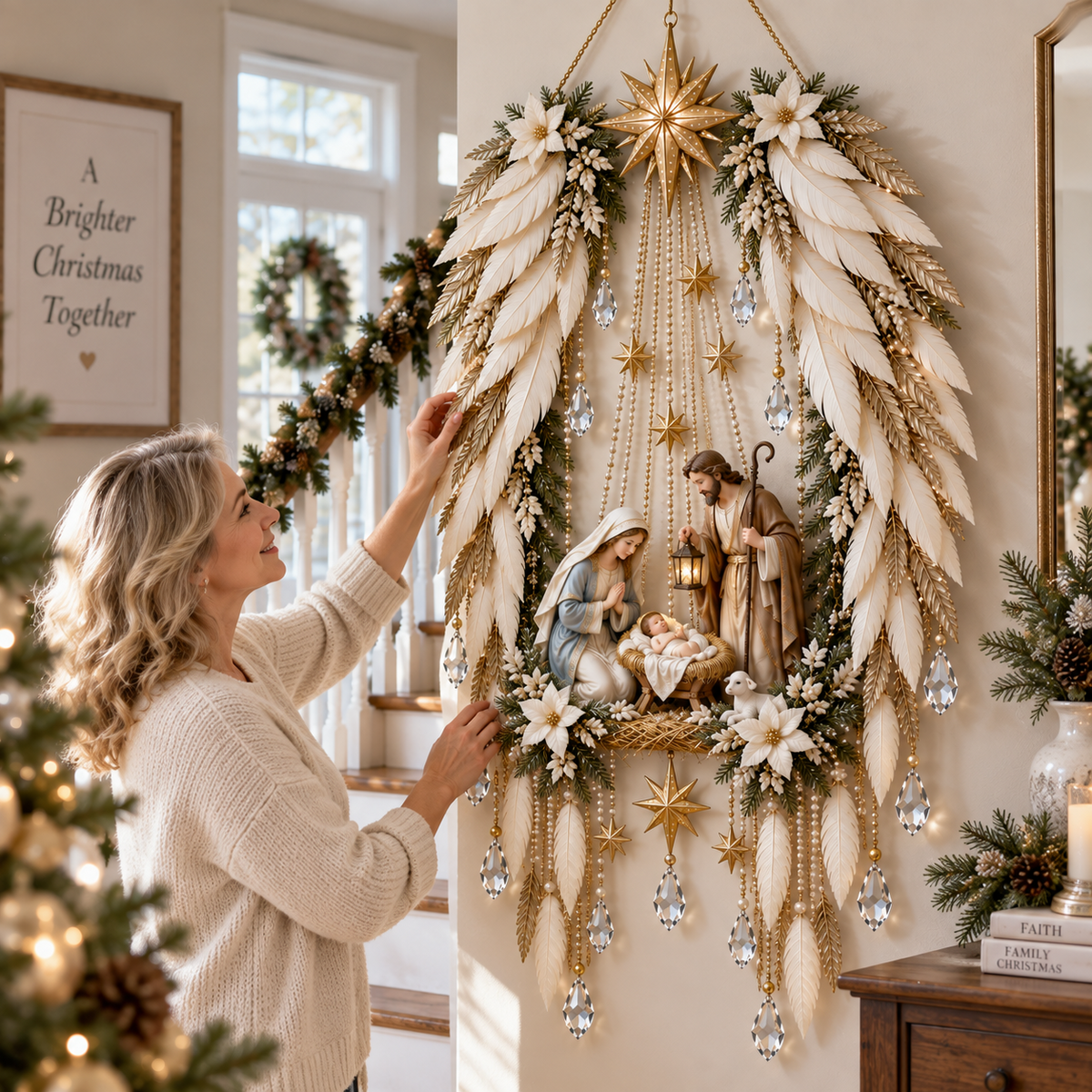 ✨ Unter seinen Flügeln geborgen | Beleuchteter Weihnachts-Wandschmuck mit Krippenszene 👼⭐