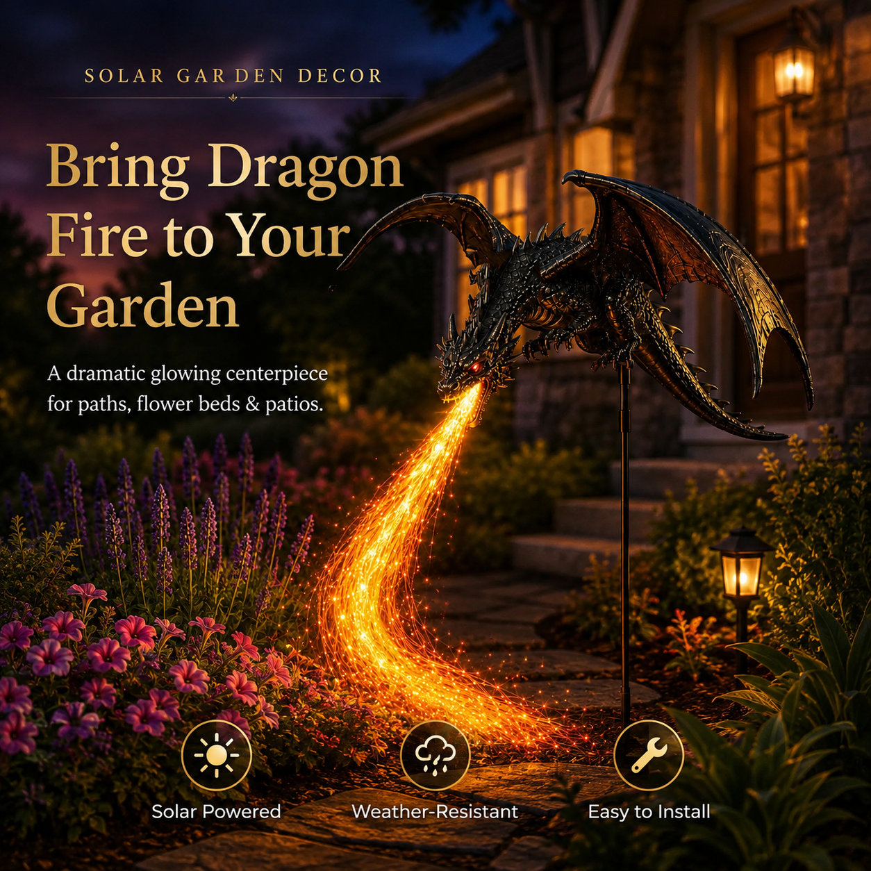 🐉 Dragon Flame Solar Garden Statue – Fire-Breathing Dragon Sculpture with LED Flame Light