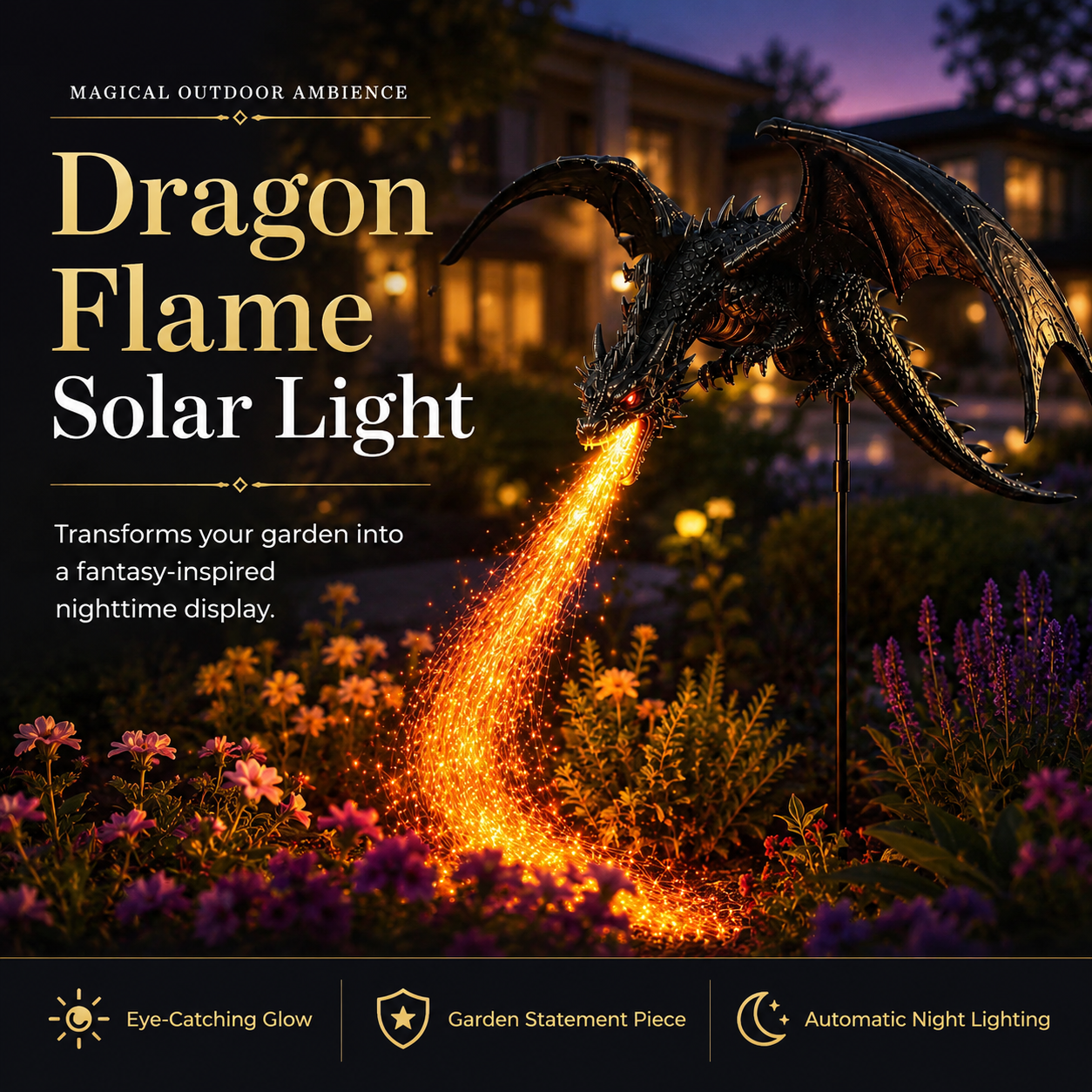 🐉 Dragon Flame Solar Garden Statue – Fire-Breathing Dragon Sculpture with LED Flame Light