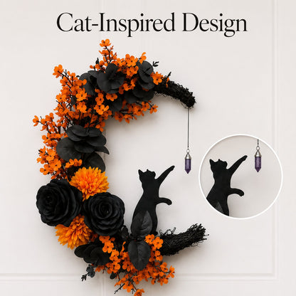 🔥Last Day 49% OFF🌙Halloween Gothic Black Cat Moon Floral Handmade Wreath(📦Buy 2 Free Shipping)
