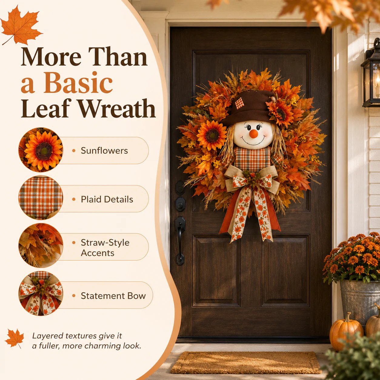 🍂Rustic Lighted Scarecrow Fall Wreath for Front Door & Autumn Decor 🌻