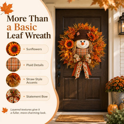 🍂Rustic Lighted Scarecrow Fall Wreath for Front Door & Autumn Decor 🌻