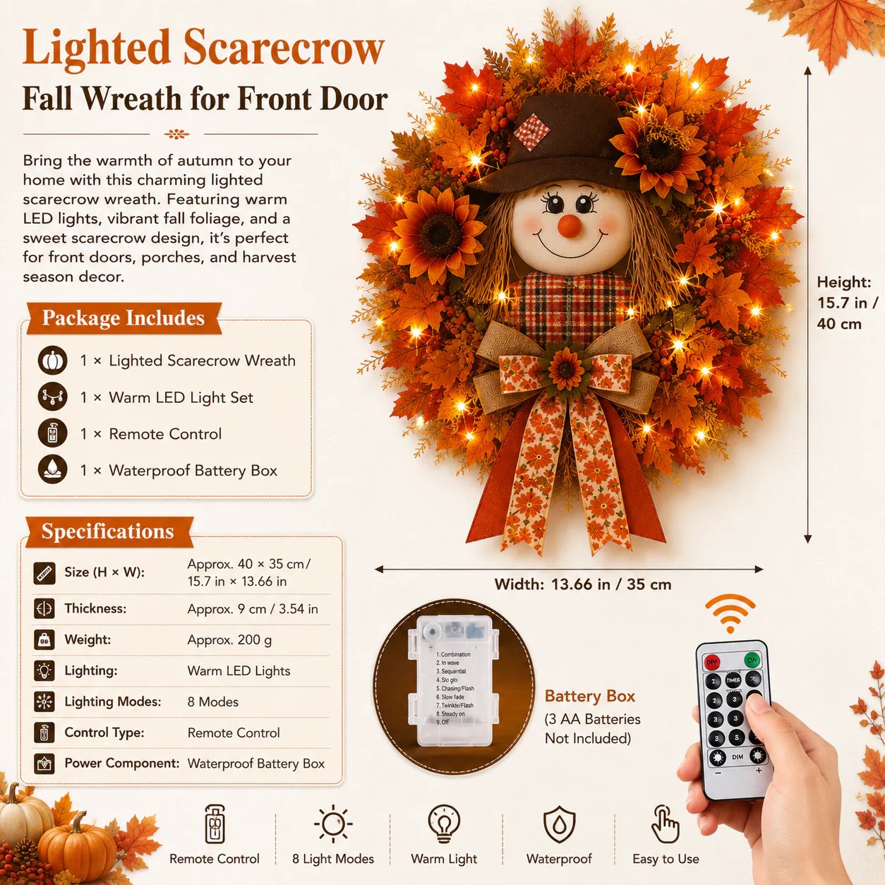 🍂Rustic Lighted Scarecrow Fall Wreath for Front Door & Autumn Decor 🌻