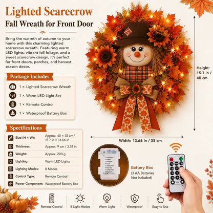 🍂Rustic Lighted Scarecrow Fall Wreath for Front Door & Autumn Decor 🌻