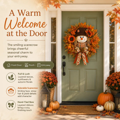 🍂Rustic Lighted Scarecrow Fall Wreath for Front Door & Autumn Decor 🌻