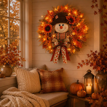 🍂Rustic Lighted Scarecrow Fall Wreath for Front Door & Autumn Decor 🌻