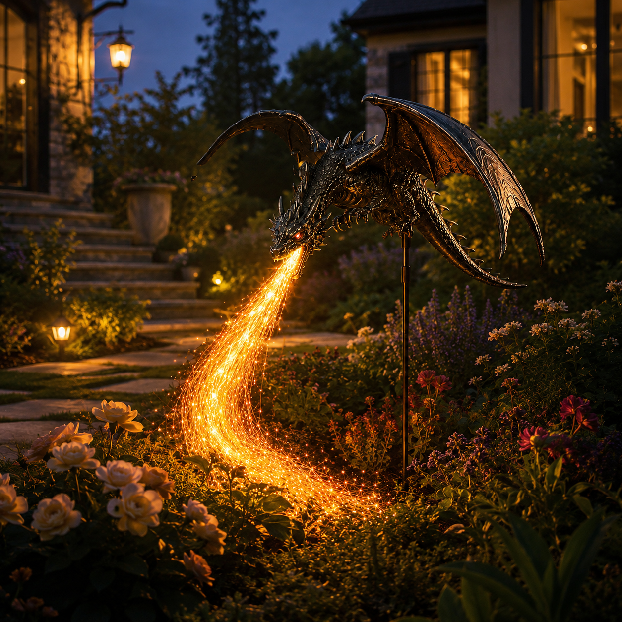 🐉 Dragon Flame Solar Garden Statue – Fire-Breathing Dragon Sculpture with LED Flame Light