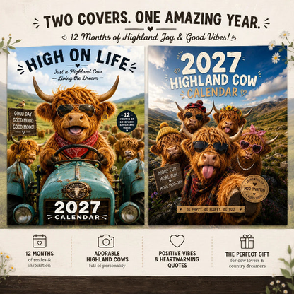 🐮 2027 Funny Highland Cow Wall Calendar – 12-Month Farmhouse Calendar with Seasonal Cow Artwork