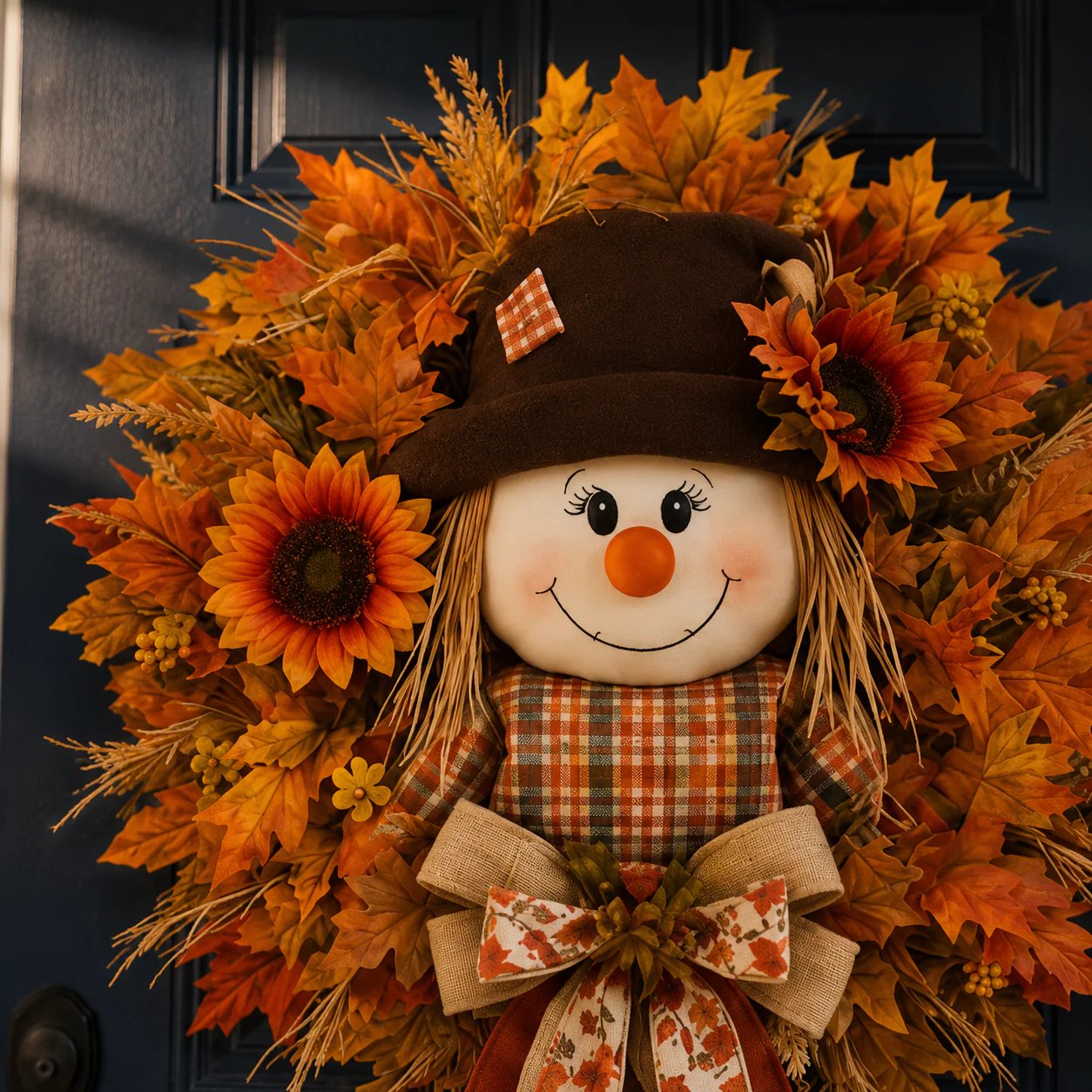 🍂Rustic Lighted Scarecrow Fall Wreath for Front Door & Autumn Decor 🌻
