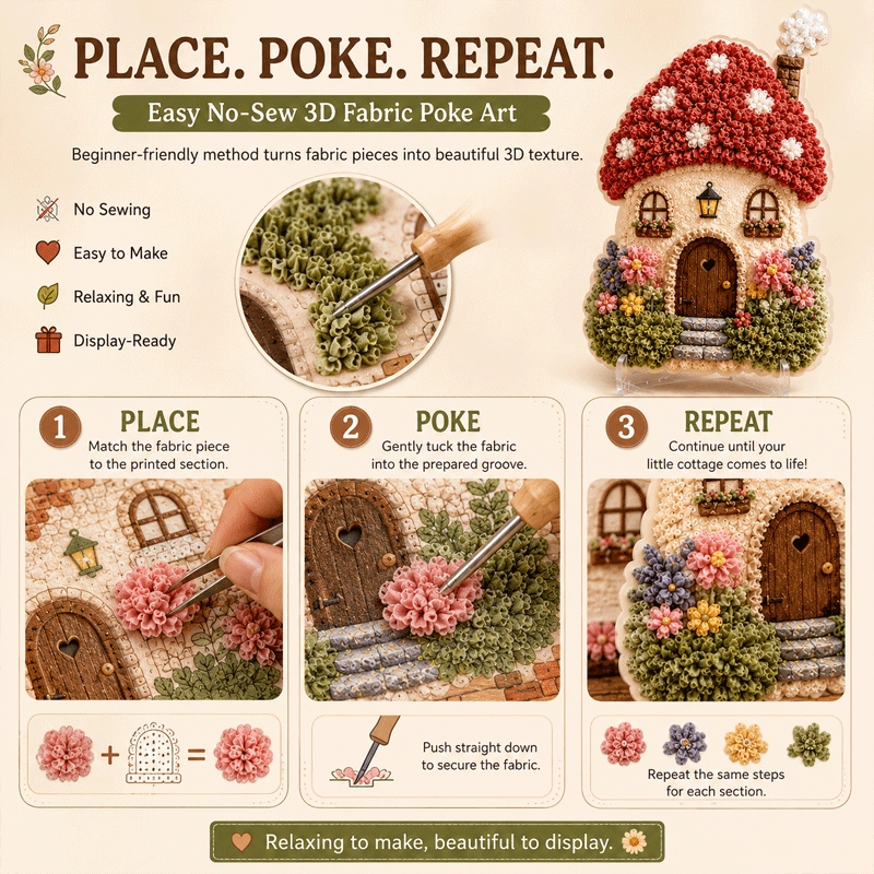 🏡 Whimsical Village No-Sew 3D Fabric Poke Art Fairy Cottage Kit ✨