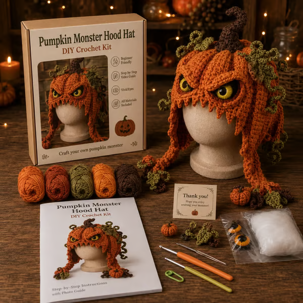 🎃 DIY Halloween Monster Hood Crochet Kit – Soft Yarn Craft Set with Step-by-Step Guide