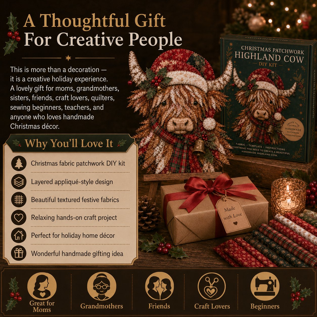 🔥🎅🎄 Christmas Patchwork Fabric DIY Decor Kit – Beautiful Handmade Décor, No Experience Needed