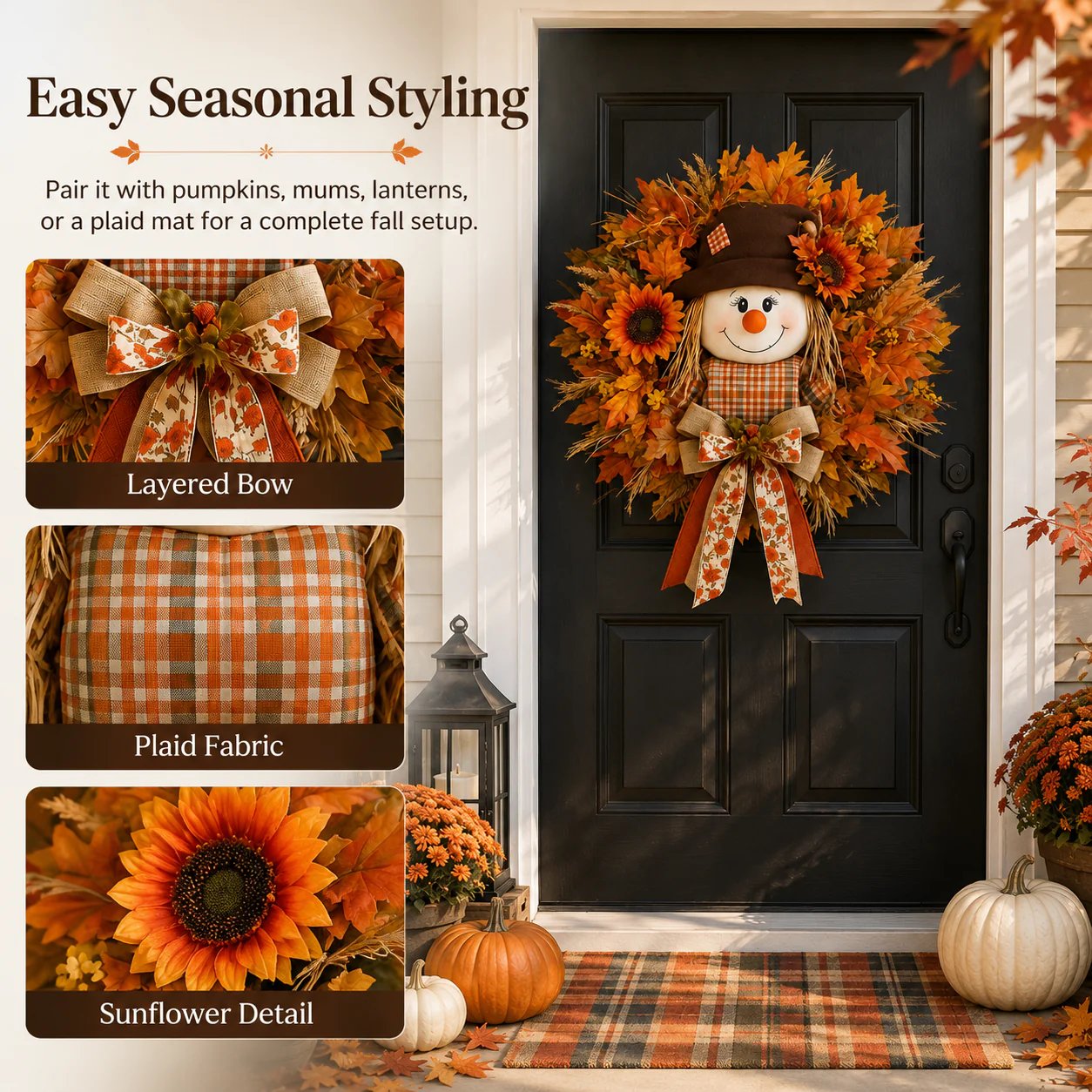 🍂Rustic Lighted Scarecrow Fall Wreath for Front Door & Autumn Decor 🌻