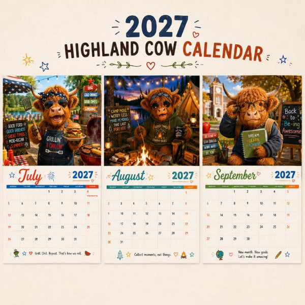 🐮 2027 Funny Highland Cow Wall Calendar – 12-Month Farmhouse Calendar with Seasonal Cow Artwork