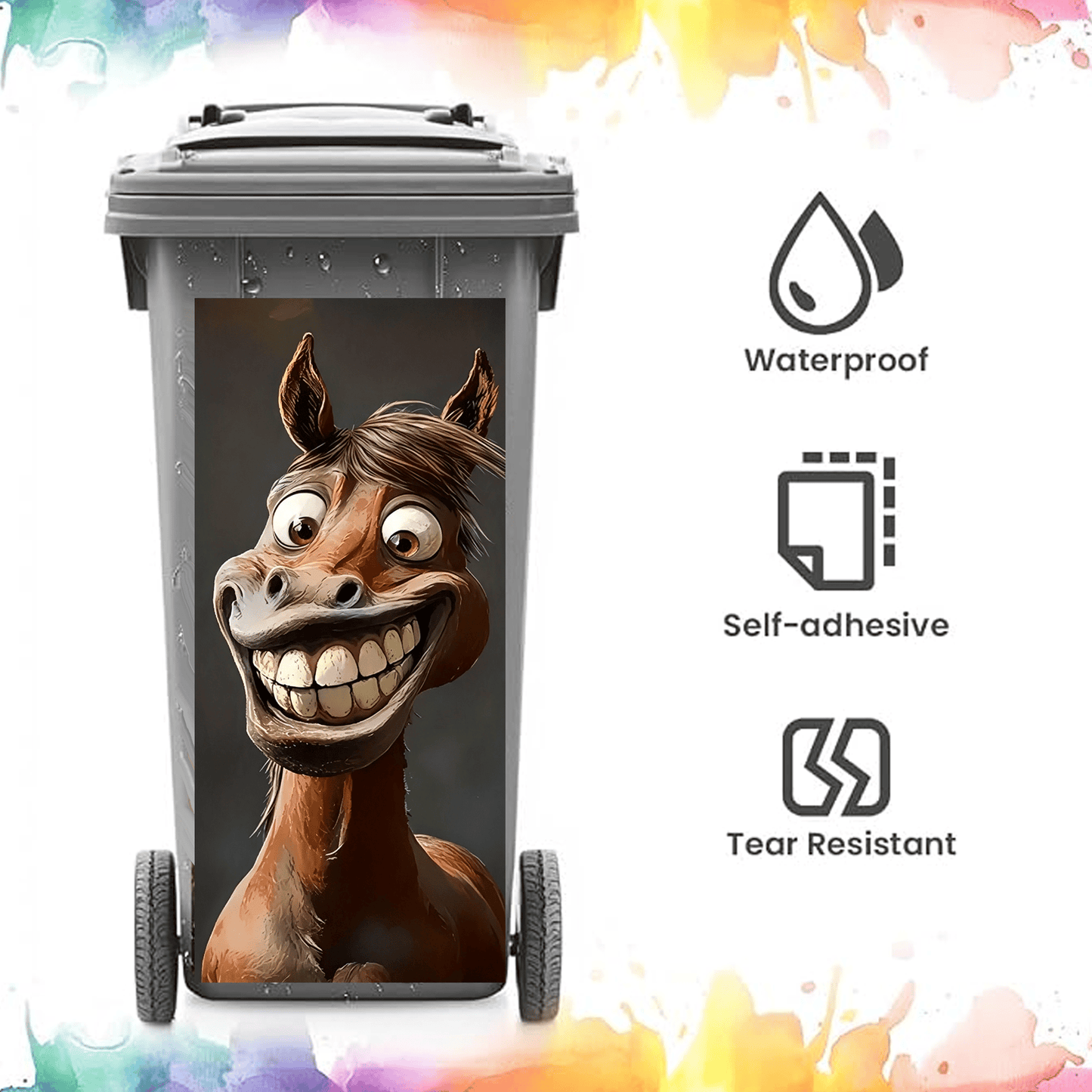 Kreativer Mülleimer‑Aufkleber mit bunten Cartoon‑Motiven✨