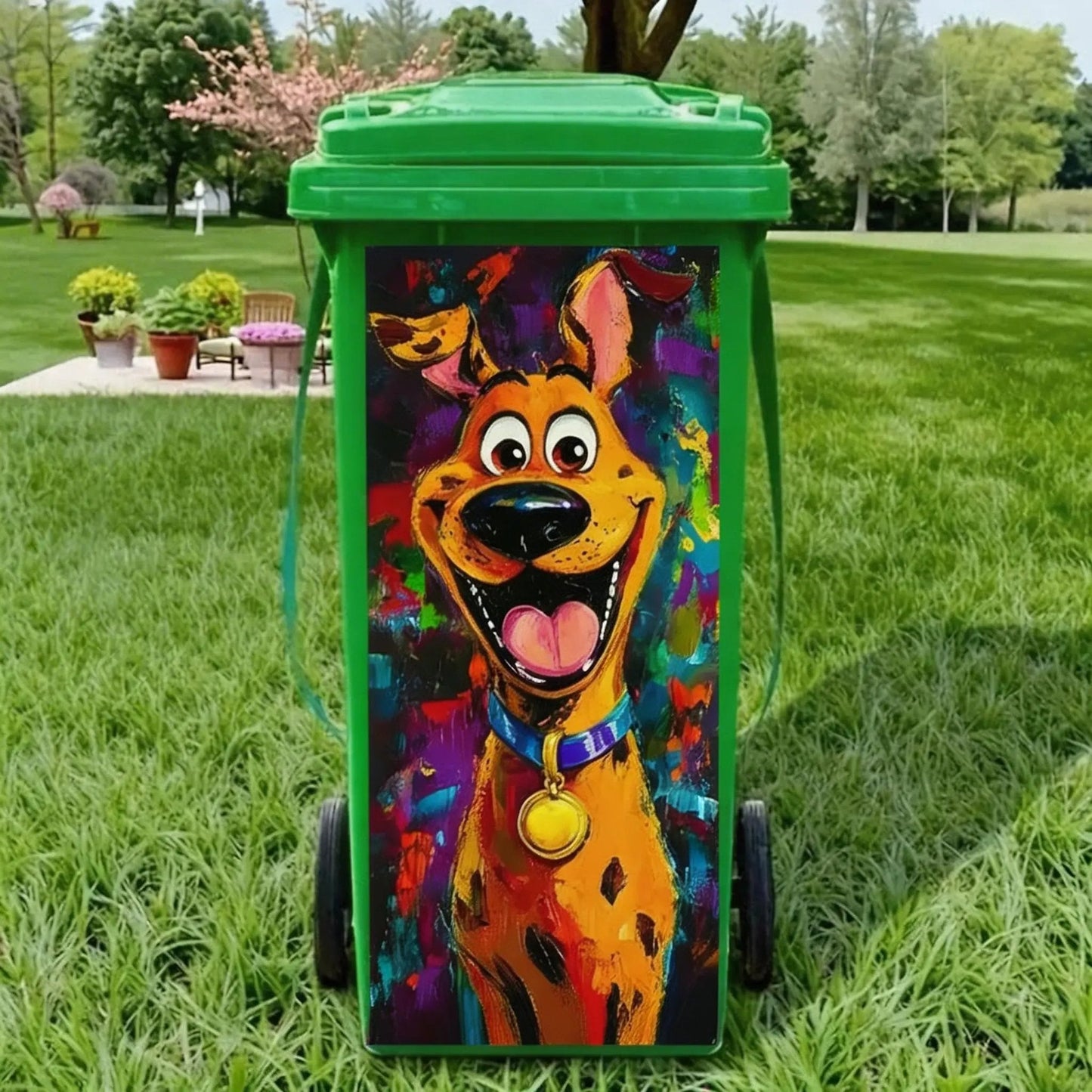 Kreativer Mülleimer‑Aufkleber mit bunten Cartoon‑Motiven✨