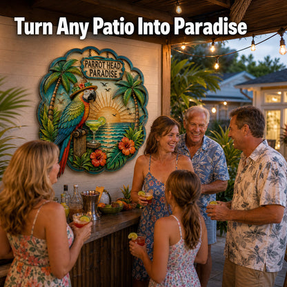🌴 Parrot Head Paradise Tropical Metal Wall Art – Colorful 3D Coastal Hanging Decor