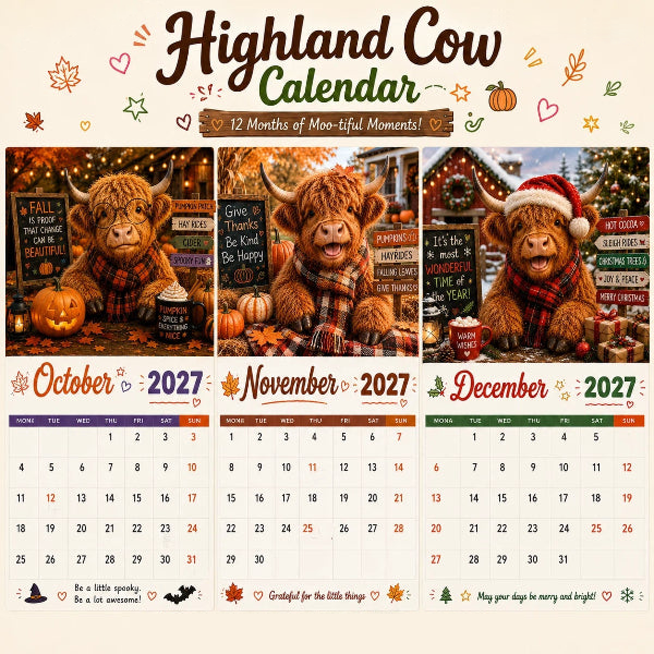 🐮 2027 Funny Highland Cow Wall Calendar – 12-Month Farmhouse Calendar with Seasonal Cow Artwork