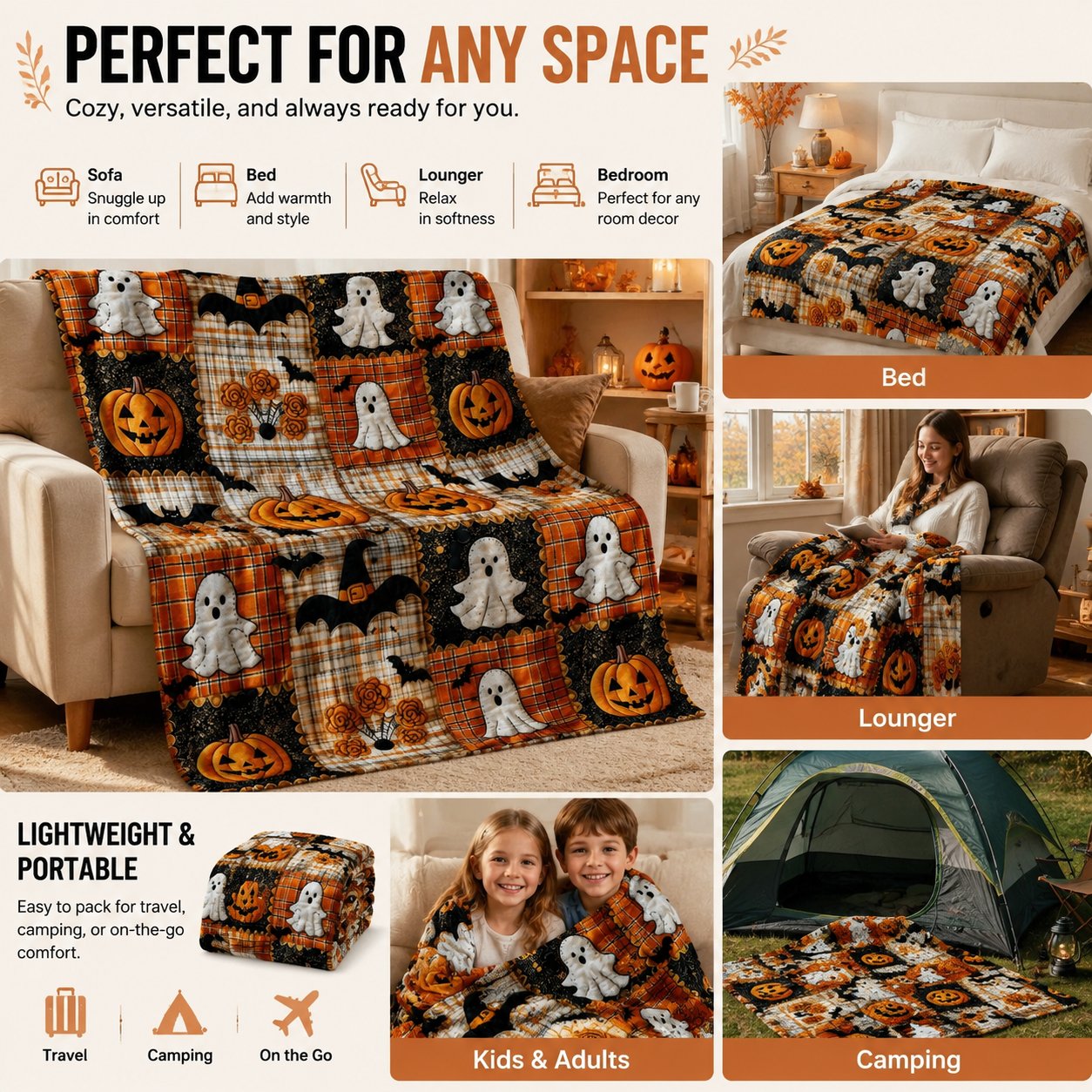 🎃Halloween Patchwork Flannel Blanket – Cozy Fall Throw Blanket For Spooky Season Home Decor 🎃