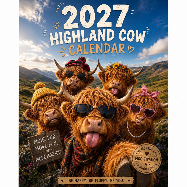 🐮 2027 Funny Highland Cow Wall Calendar – 12-Month Farmhouse Calendar with Seasonal Cow Artwork