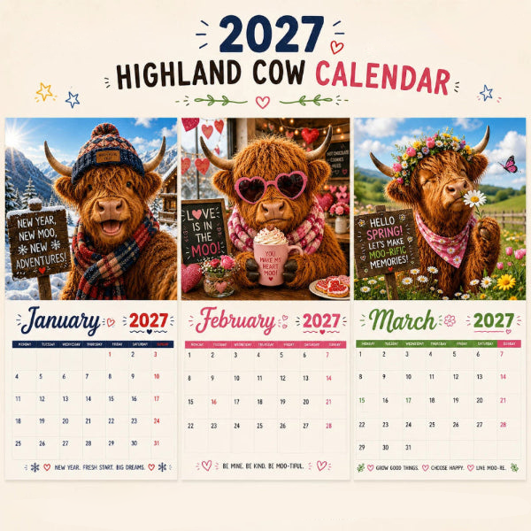 🐮 2027 Funny Highland Cow Wall Calendar – 12-Month Farmhouse Calendar with Seasonal Cow Artwork