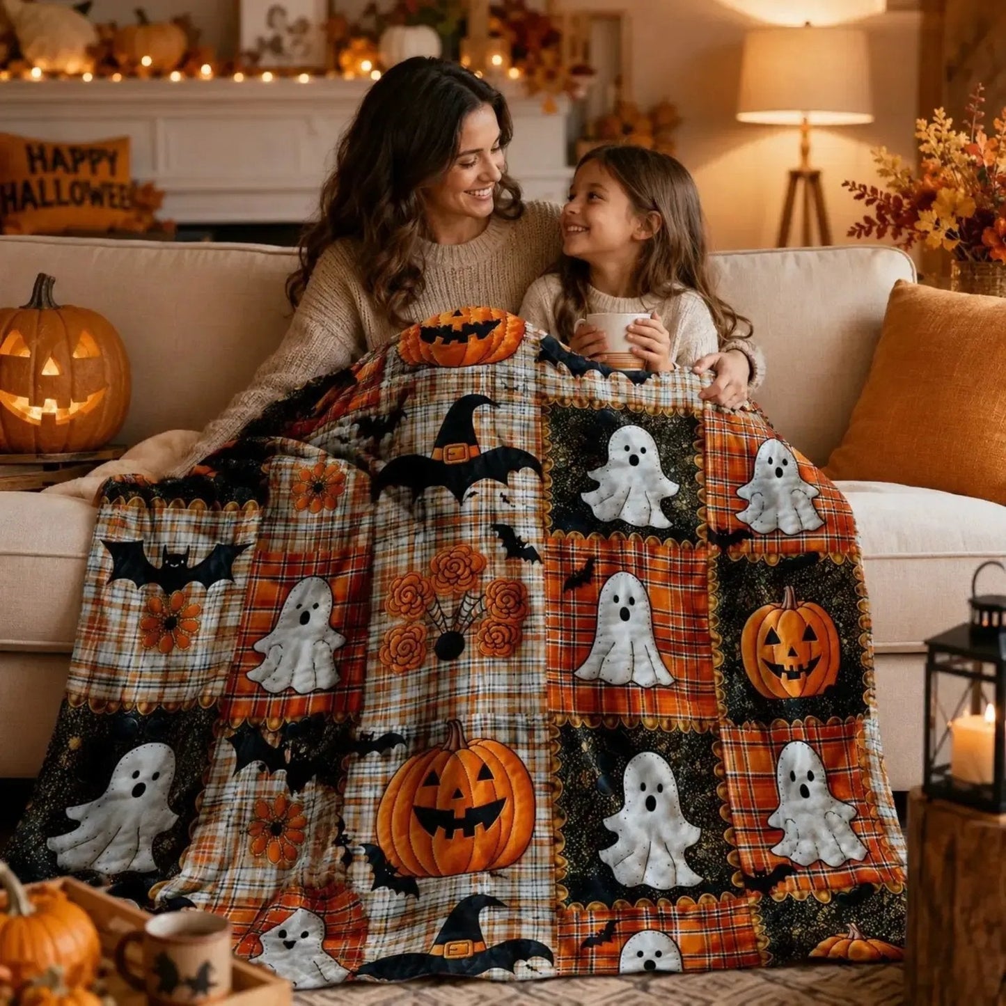 🎃Halloween Patchwork Flannel Blanket – Cozy Fall Throw Blanket For Spooky Season Home Decor 🎃