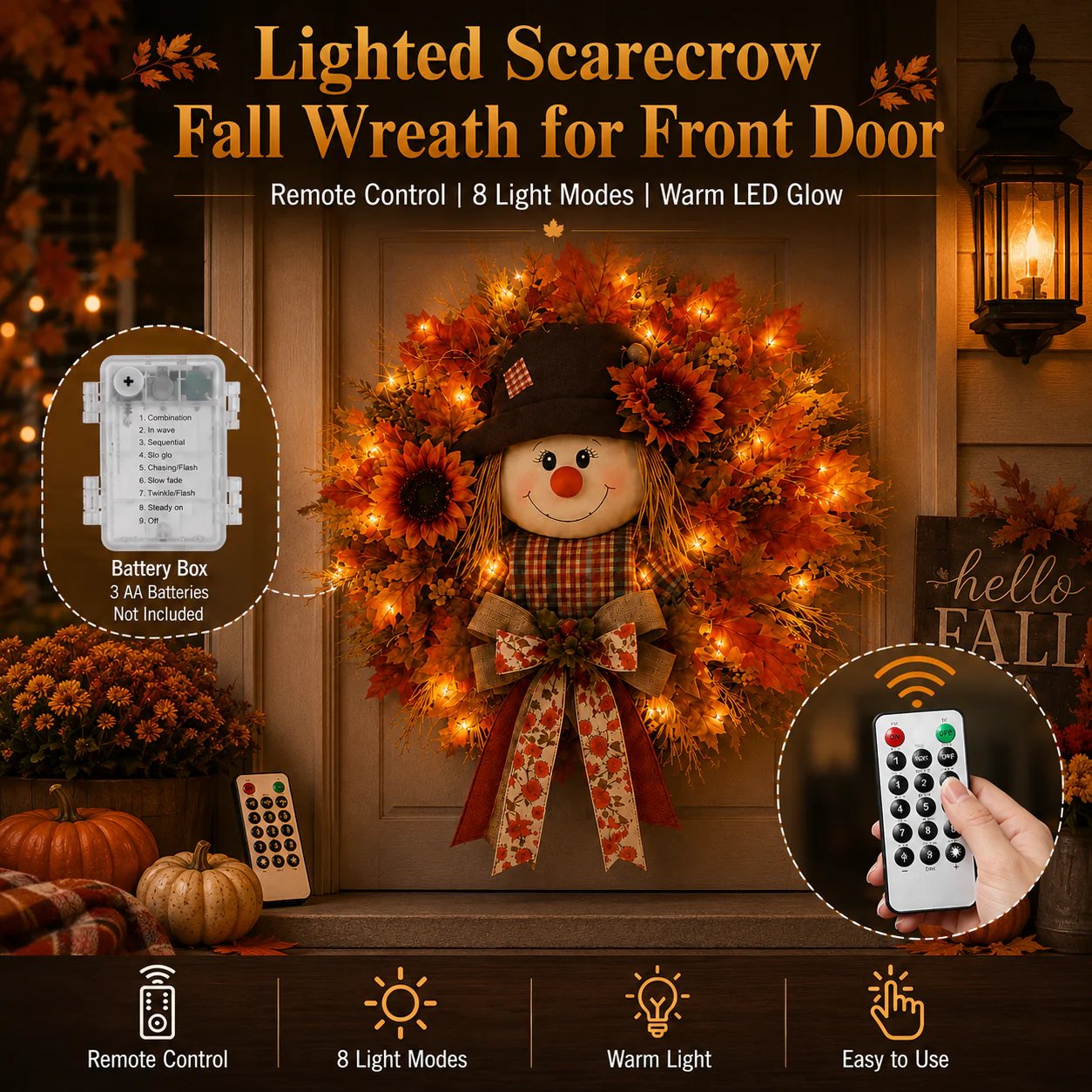 🍂Rustic Lighted Scarecrow Fall Wreath for Front Door & Autumn Decor 🌻