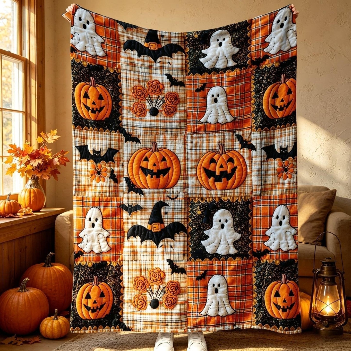 🎃Halloween Patchwork Flannel Blanket – Cozy Fall Throw Blanket For Spooky Season Home Decor 🎃