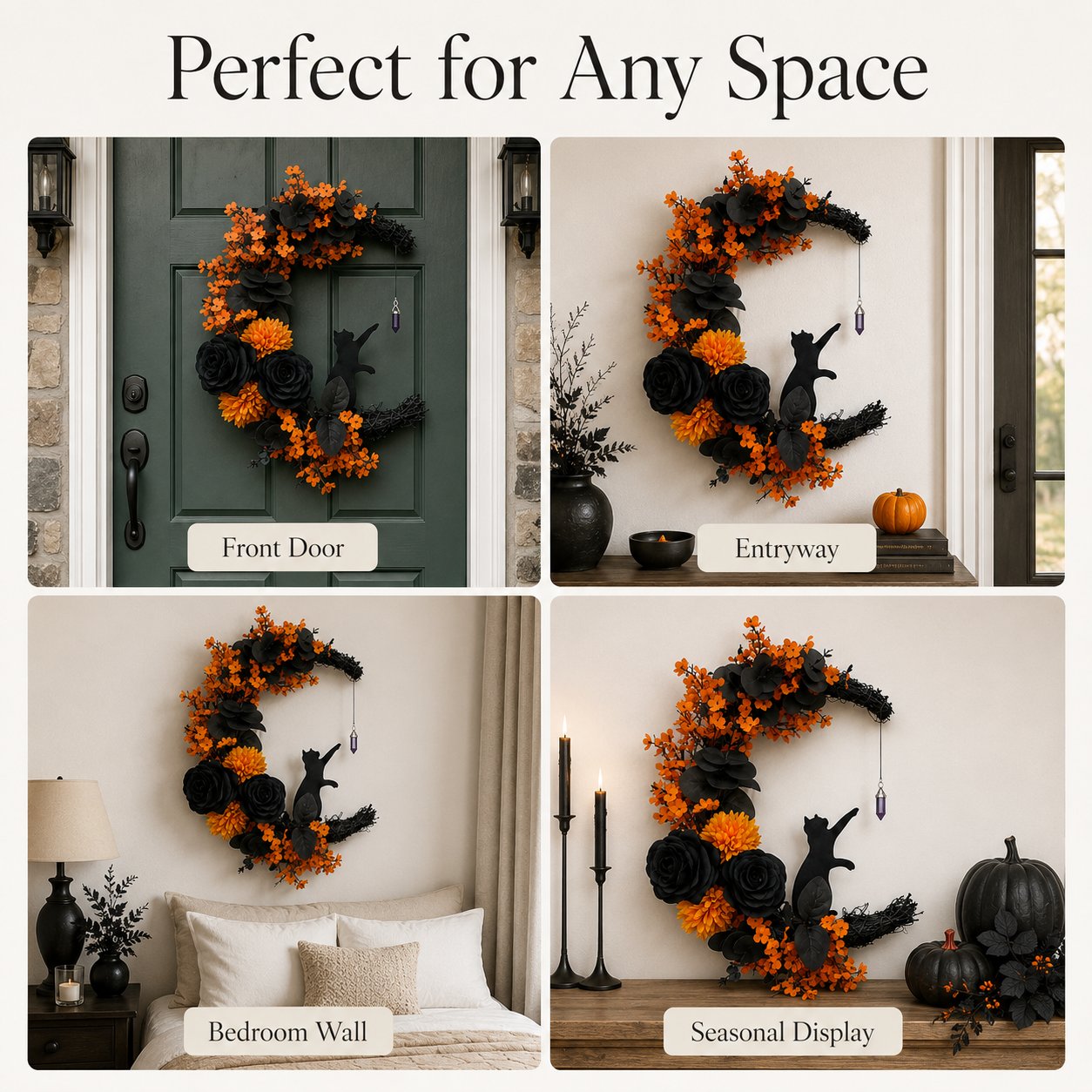 🔥Last Day 49% OFF🌙Halloween Gothic Black Cat Moon Floral Handmade Wreath(📦Buy 2 Free Shipping)