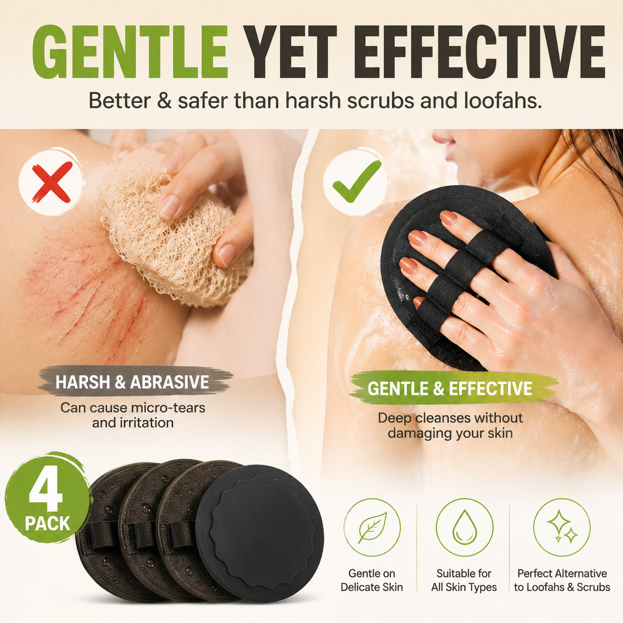 🧽 4-Pack Soft Rubber Shower Scrubbers – Gentle Exfoliating Body Brush