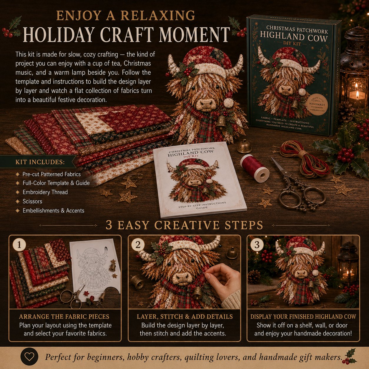 🔥🎅🎄 Christmas Patchwork Fabric DIY Decor Kit – Beautiful Handmade Décor, No Experience Needed