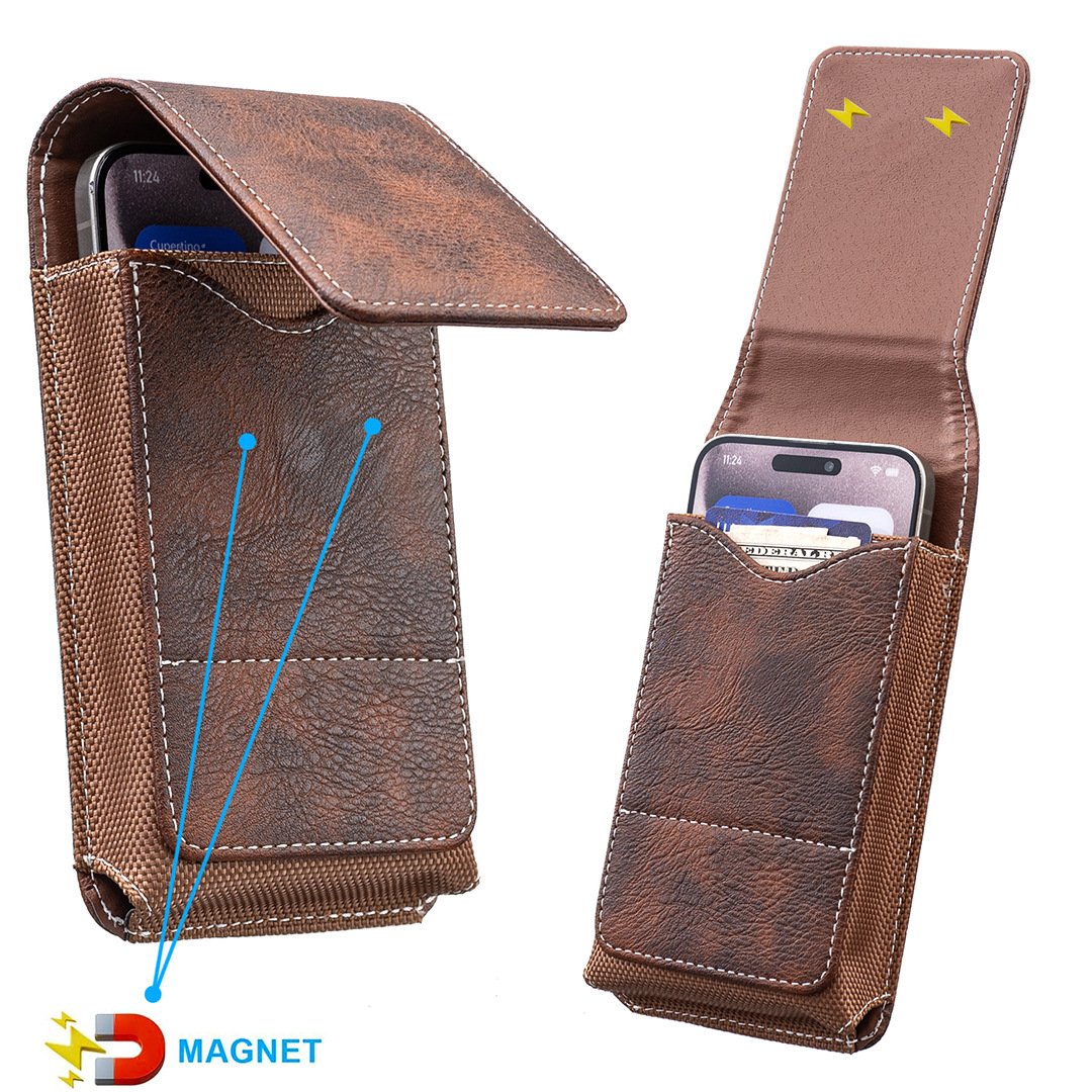 📱 Leather Waist Phone Holster – Multi-Pocket Belt Pouch with Card Holder & Easy Access Design