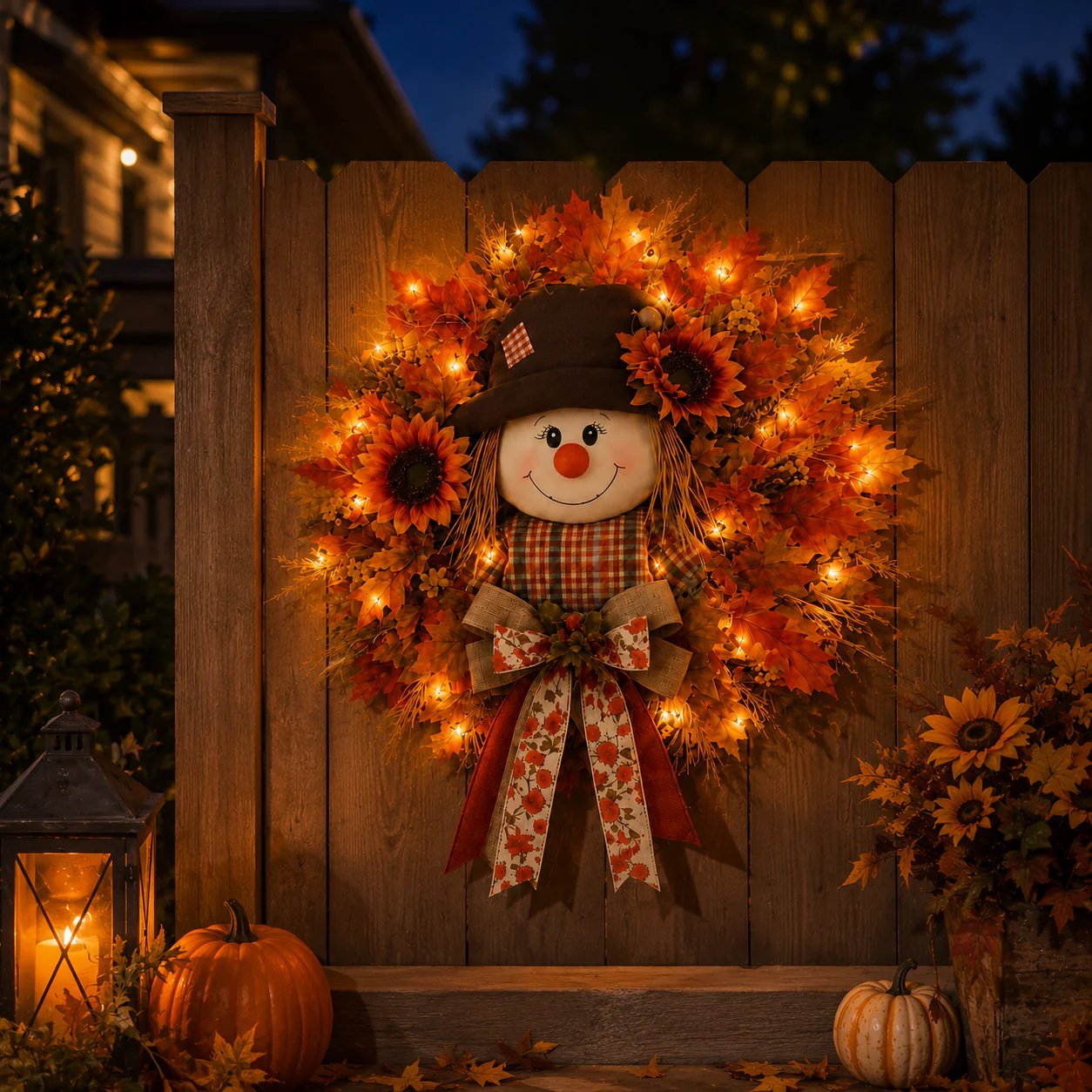 🍂Rustic Lighted Scarecrow Fall Wreath for Front Door & Autumn Decor 🌻