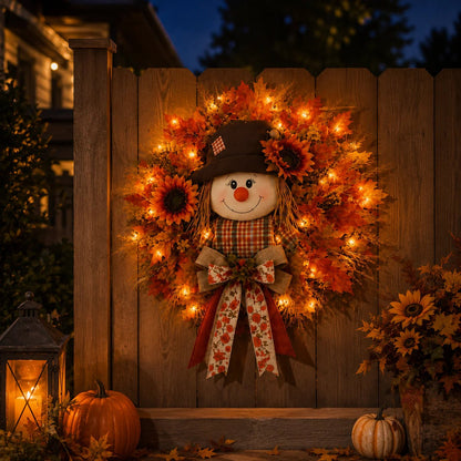 🍂Rustic Lighted Scarecrow Fall Wreath for Front Door & Autumn Decor 🌻