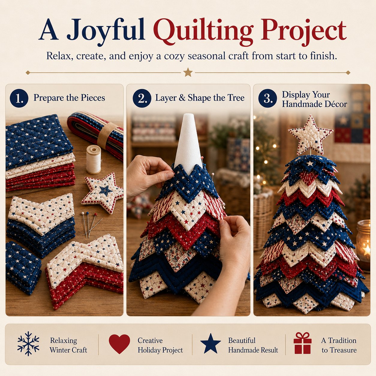 🇺🇸 Americana Patchwork Christmas Tree Quilt Kit – Complete DIY Quilting Craft Set