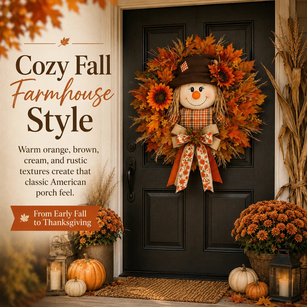 🍂Rustic Lighted Scarecrow Fall Wreath for Front Door & Autumn Decor 🌻