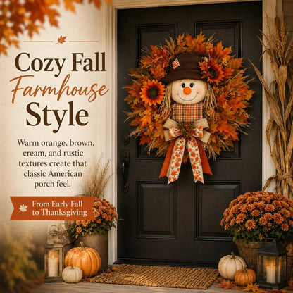 🍂Rustic Lighted Scarecrow Fall Wreath for Front Door & Autumn Decor 🌻