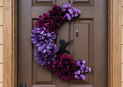 🔥Last Day 49% OFF🌙Halloween Gothic Black Cat Moon Floral Handmade Wreath(📦Buy 2 Free Shipping)