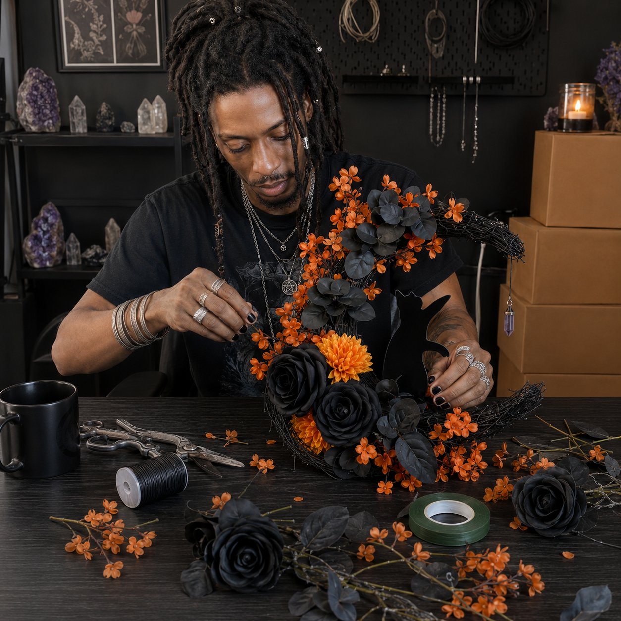 🔥Last Day 49% OFF🌙Halloween Gothic Black Cat Moon Floral Handmade Wreath(📦Buy 2 Free Shipping)