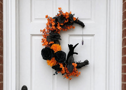 🔥Last Day 49% OFF🌙Halloween Gothic Black Cat Moon Floral Handmade Wreath(📦Buy 2 Free Shipping)