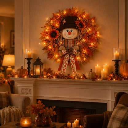 🍂Rustic Lighted Scarecrow Fall Wreath for Front Door & Autumn Decor 🌻