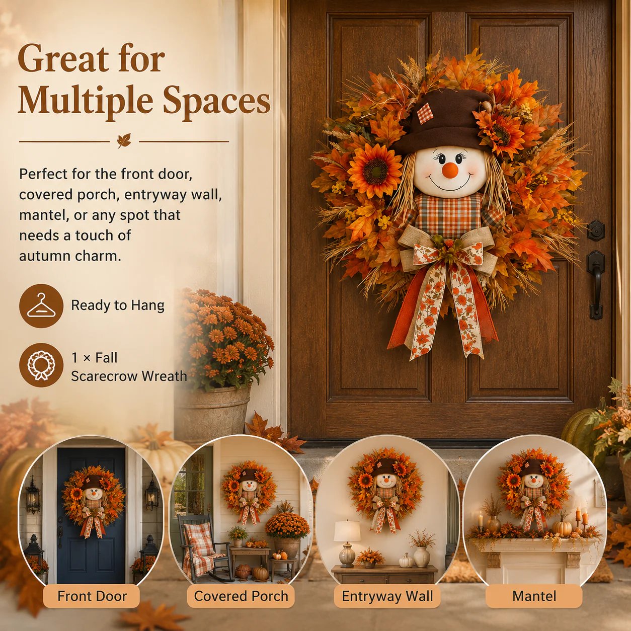 🍂Rustic Lighted Scarecrow Fall Wreath for Front Door & Autumn Decor 🌻